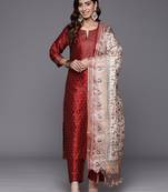 Maroon zari work textured kurta with trouser and printed dupatta