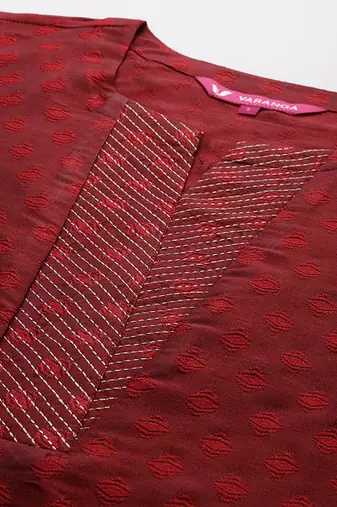 Maroon zari work textured kurta with trouser and printed dupatta