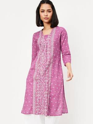 Ethnic motifs woven design pleated v-neck straight kurta 1