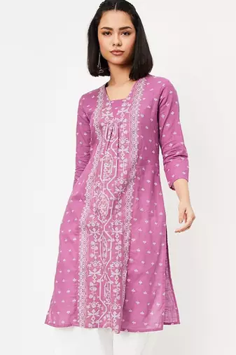 Ethnic motifs woven design pleated v-neck straight kurta
