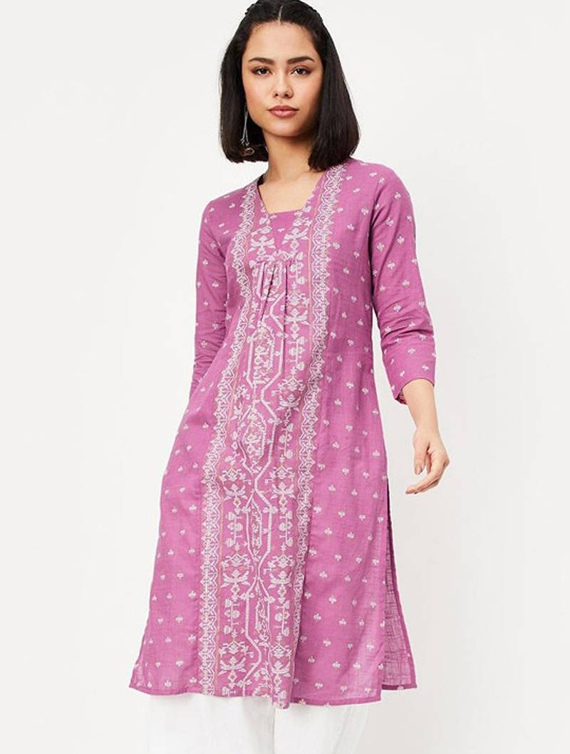 Ethnic motifs woven design pleated v-neck straight kurta