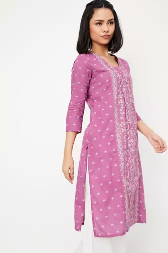 Ethnic motifs woven design pleated v-neck straight kurta