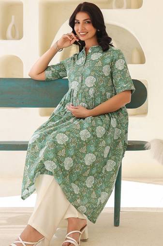 Sage green pure cotton floral printed a-line maternity kurta