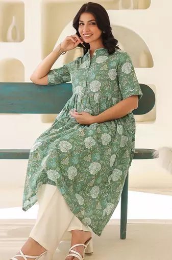 Sage green pure cotton floral printed a-line maternity kurta