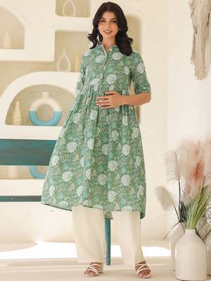 Sage green pure cotton floral printed a-line maternity kurta 2