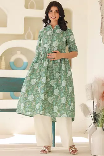Sage green pure cotton floral printed a-line maternity kurta