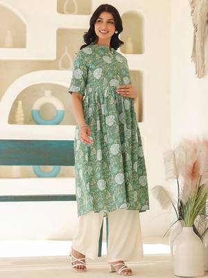 Sage green pure cotton floral printed a-line maternity kurta 4
