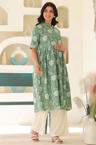 Sage green pure cotton floral printed a-line maternity kurta