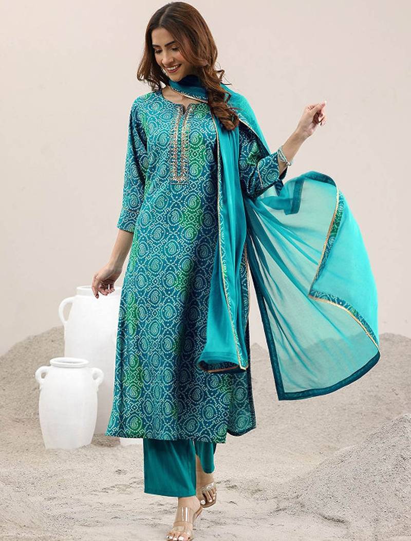 Bandhani printed gotta patti kurta with trousers & dupatta