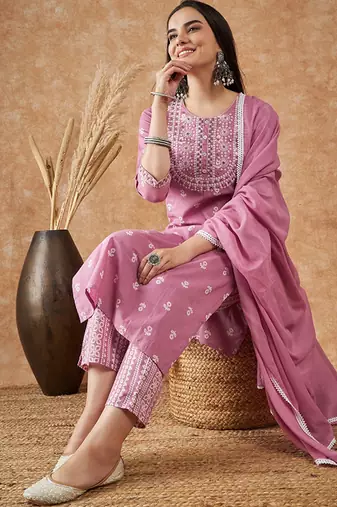 Floral printed pure cotton kurta with trousers & dupatta