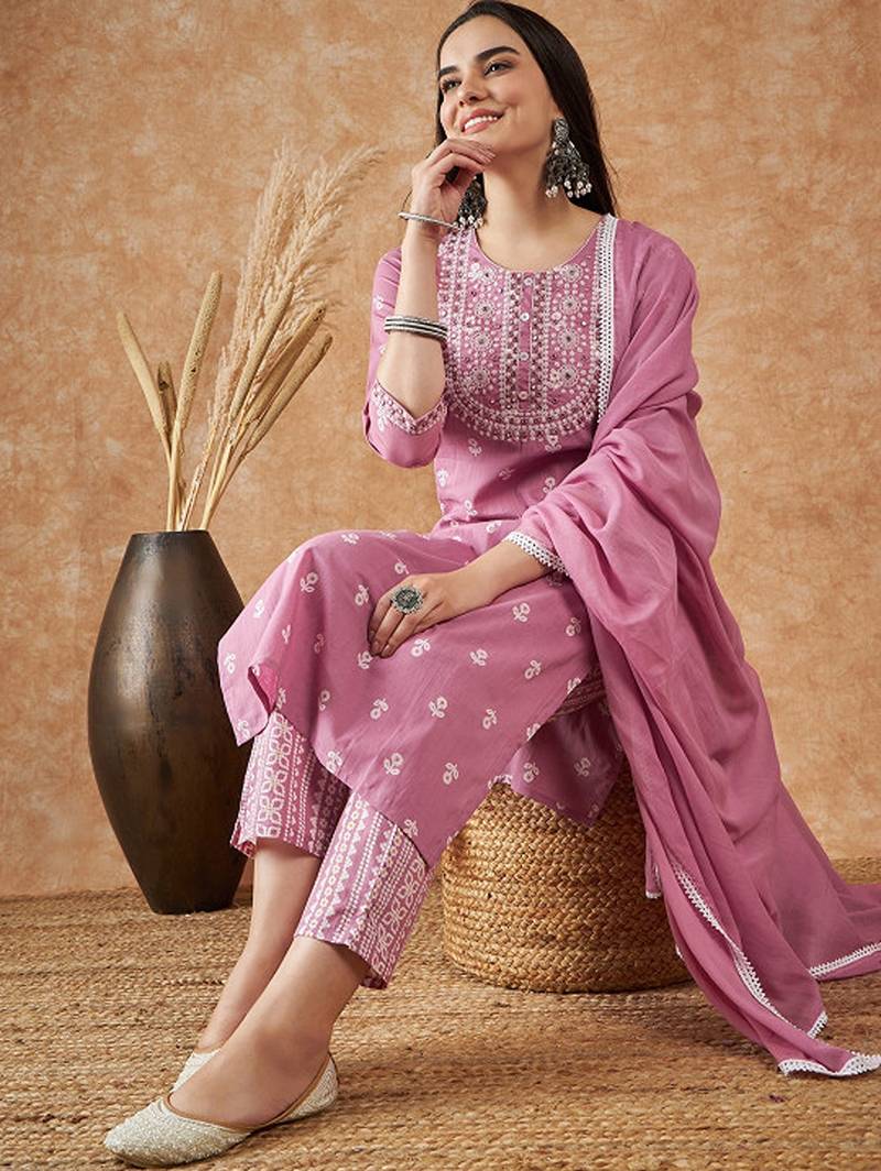 Floral printed pure cotton kurta with trousers & dupatta