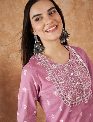 Floral printed pure cotton kurta with trousers & dupatta 2
