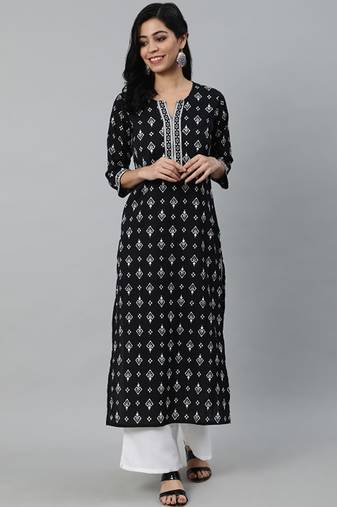 Black ethnic motifs printed cotton kurta
