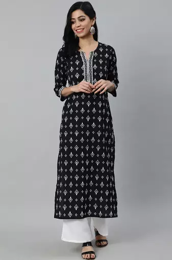 Black ethnic motifs printed cotton kurta