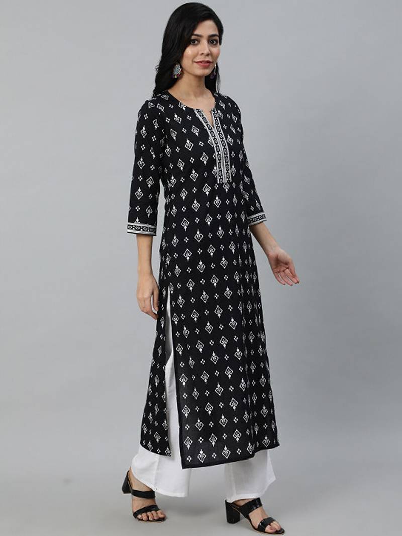 Black ethnic motifs printed cotton kurta