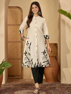 White tribal printed thread work floral kurta 1