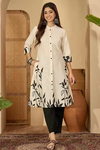 White tribal printed thread work floral kurta