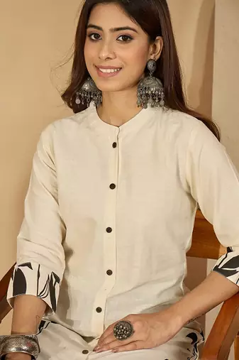 White tribal printed thread work floral kurta