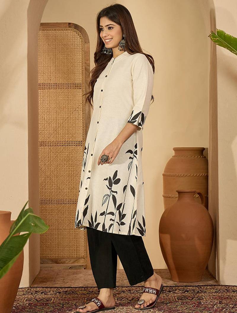 White tribal printed thread work floral kurta