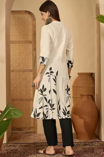 White tribal printed thread work floral kurta