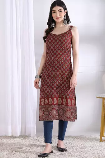 Floral printed festive cotton straight kurta