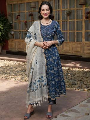 Blue printed gotta patti pure cotton empire a-line kurta with trousers & dupatta 1