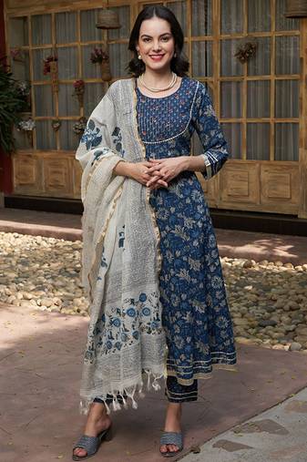 Blue printed gotta patti pure cotton empire a-line kurta with trousers & dupatta