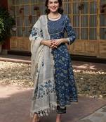 Blue printed gotta patti pure cotton empire a-line kurta with trousers & dupatta