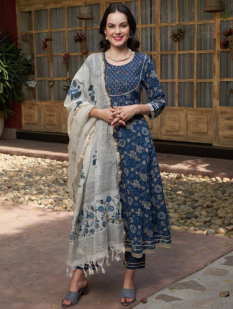 Blue printed gotta patti pure cotton empire a-line kurta with trousers & dupatta