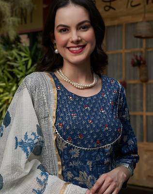 Blue printed gotta patti pure cotton empire a-line kurta with trousers & dupatta 2