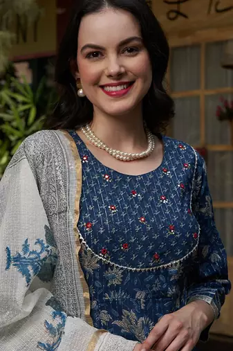 Blue printed gotta patti pure cotton empire a-line kurta with trousers & dupatta