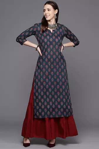 Navy blue ethnic motifs jaipuri printed cotton straight kurta