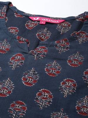 Navy blue ethnic motifs jaipuri printed cotton straight kurta 2