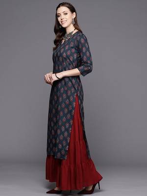 Navy blue ethnic motifs jaipuri printed cotton straight kurta 3