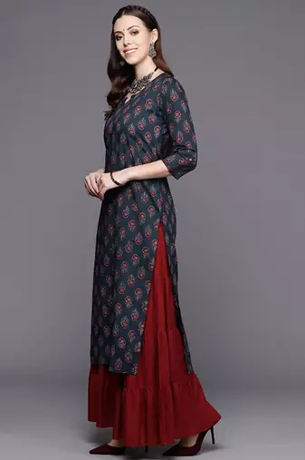 Navy blue ethnic motifs jaipuri printed cotton straight kurta