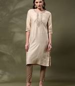 Floral yoke design thread work round neck straight kurta