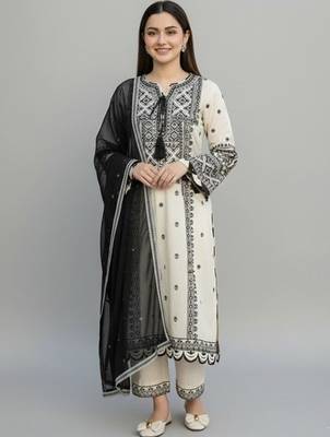 Ethnic motifs embroidered regular thread work kurta with trousers & with dupatta 1