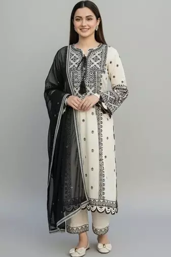 Ethnic motifs embroidered regular thread work kurta with trousers & with dupatta