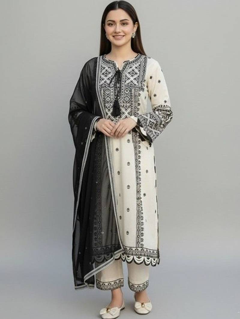 Ethnic motifs embroidered regular thread work kurta with trousers & with dupatta