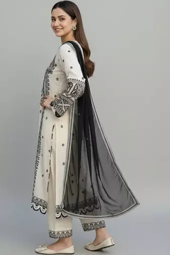 Ethnic motifs embroidered regular thread work kurta with trousers & with dupatta
