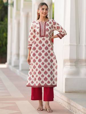 Floral printed notch neck straight pure cotton kurta 1