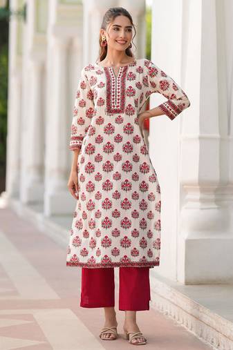 Floral printed notch neck straight pure cotton kurta