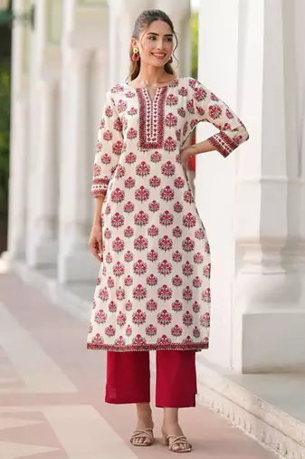 Floral printed notch neck straight pure cotton kurta