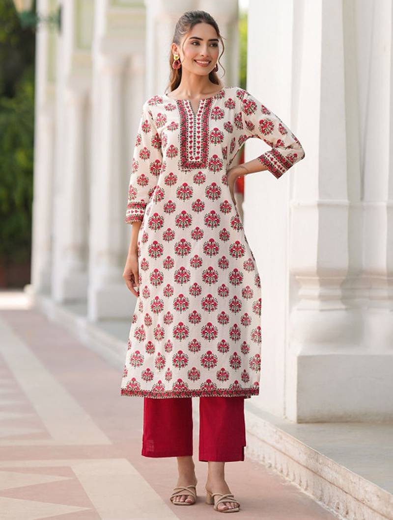Floral printed notch neck straight pure cotton kurta