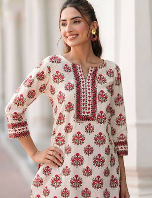 Floral printed notch neck straight pure cotton kurta 2
