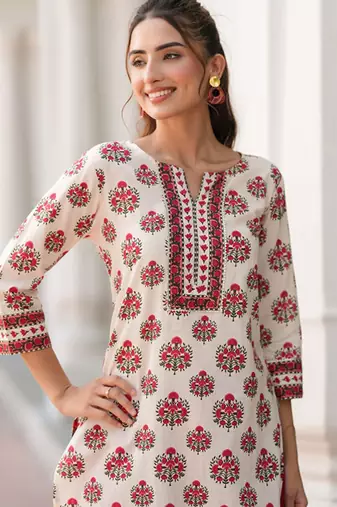 Floral printed notch neck straight pure cotton kurta
