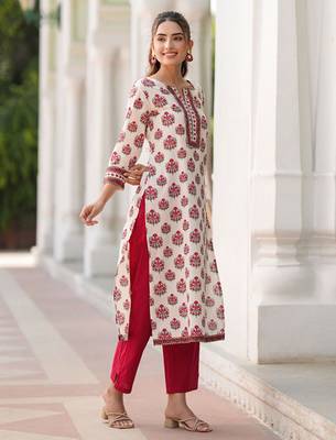 Floral printed notch neck straight pure cotton kurta 3
