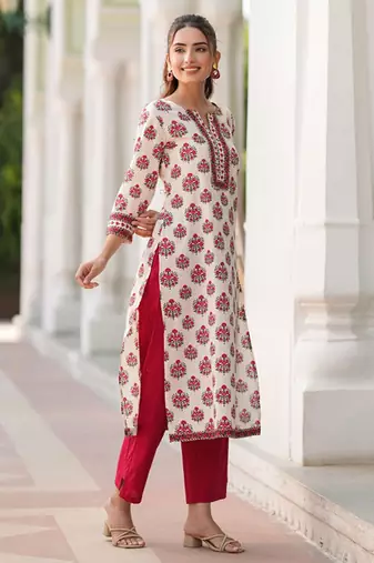 Floral printed notch neck straight pure cotton kurta