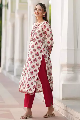 Floral printed notch neck straight pure cotton kurta