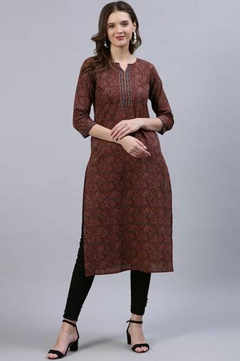 Maroon & navy blue ethnic motifs printed straight kurta